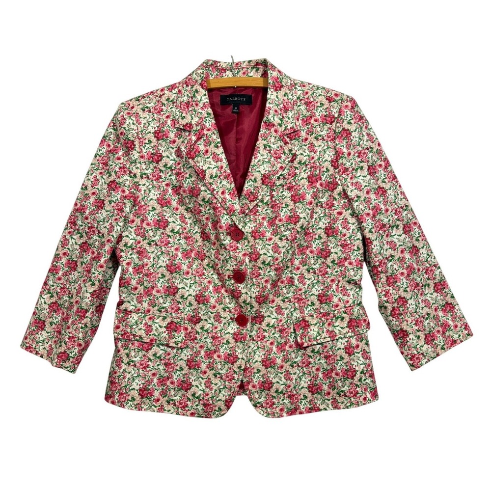 Talbots Floral Blazer Pink Green Cotton Stretch Button Front Jacket Womens 10
